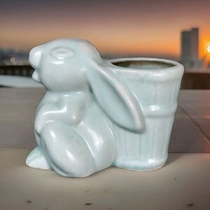 Vintage Morton USA Pottery Easter Bunny Rabbit Planter Light Blue